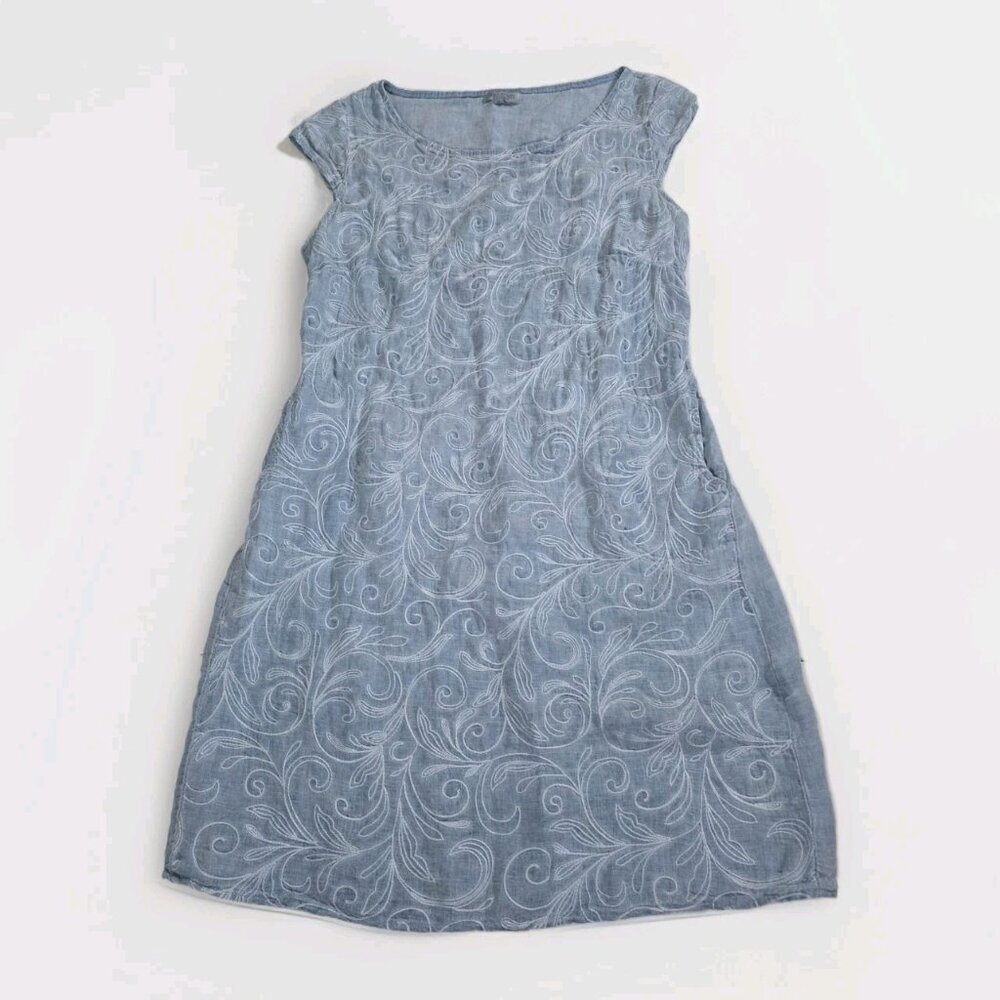 Lina Tomei Linen Dress XL Runs Small Blue Embroidered Pockets SS Linen Coastal - Picture 8 of 15